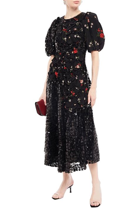 SIMONE ROCHA Sequined Tulle And Floral Print Crepe De Chine Midi Dress