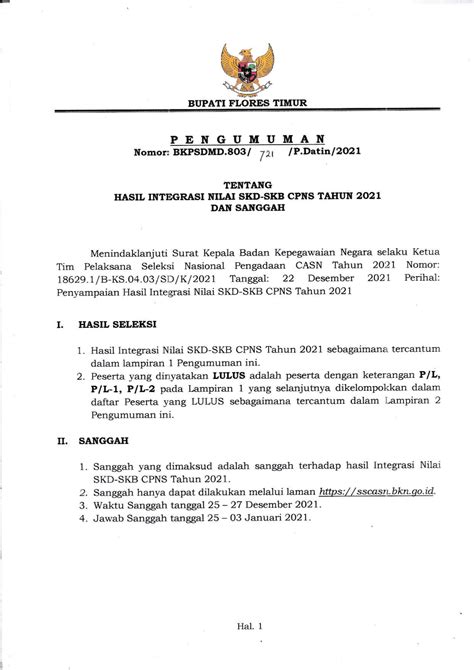 PENGUMUMAN HASIL INTEGRASI NILAI SKD SKB CPNS TAHUN 2021 Pemerintah