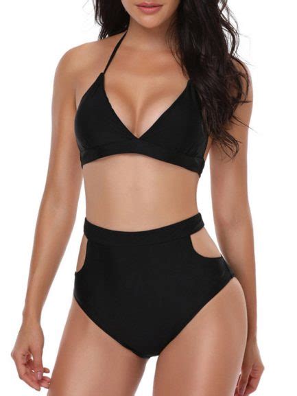 Sexy Deep V Halter High Waist Triangle Bikini Sets Swimsuit Power Day Sale