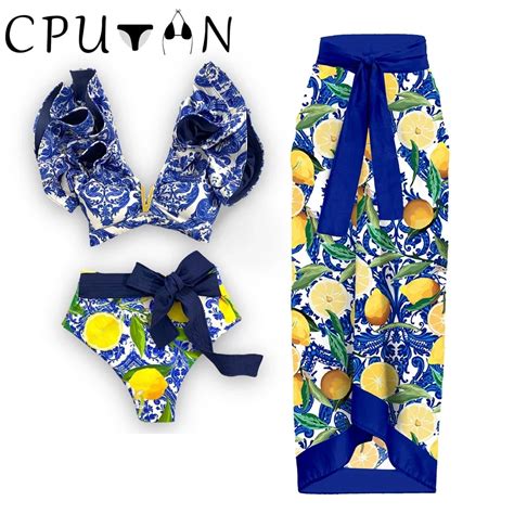 CPUTAN Conjunto De Bikini Con Volantes Para Mujer Sexy De 3 Piezas Traje De Ba O