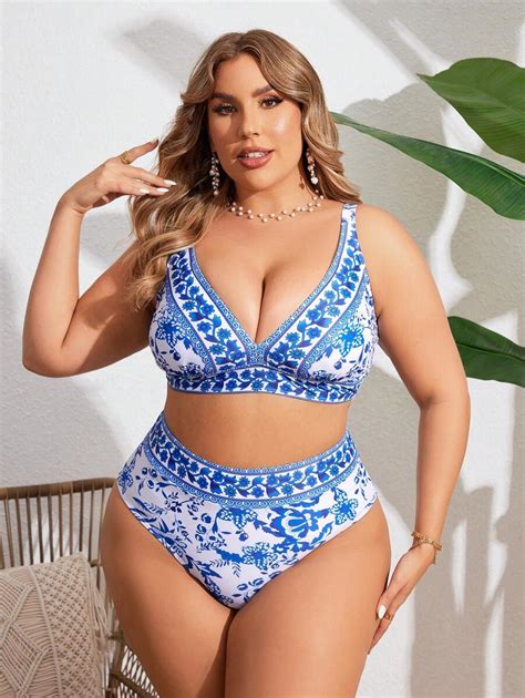 Shein Swim Curve Plus Size All Over Print Spaghetti Strap Bra Bikini Set Bottom Summer Beach