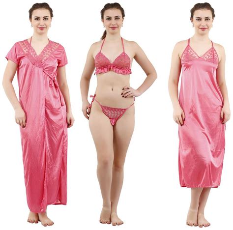 Buy Romaisa Women S Satin Nightwear Set Of 4 Pcs Nighty Wrap Gown Bra