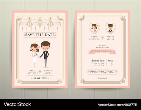 Art Deco Cartoon Couple Wedding Invitation Card Vector Image