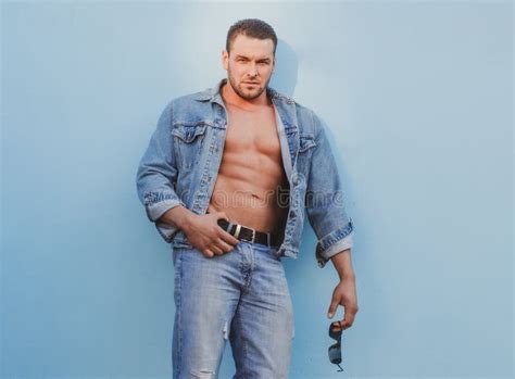 Jeanse Man Fashion Bare Torso Naked Male Body Muscular Guy Nude Abs Stock Photo Image Of