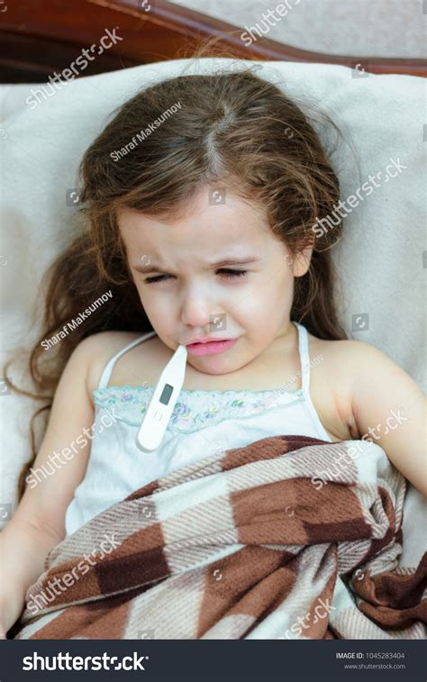 Little Kid Girl Fever Measuring Temrerature Stock Photo 1045283404