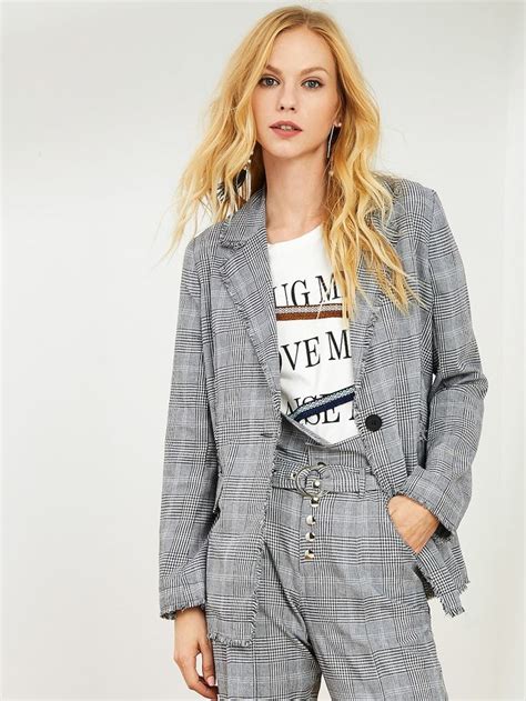 SHEIN Frayed Edge Houndstooth Tweed Blazer Blazers Chaqueta De Tweed