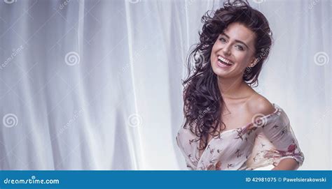 Happy Brunette Woman Stock Image Image Of Long Emotion
