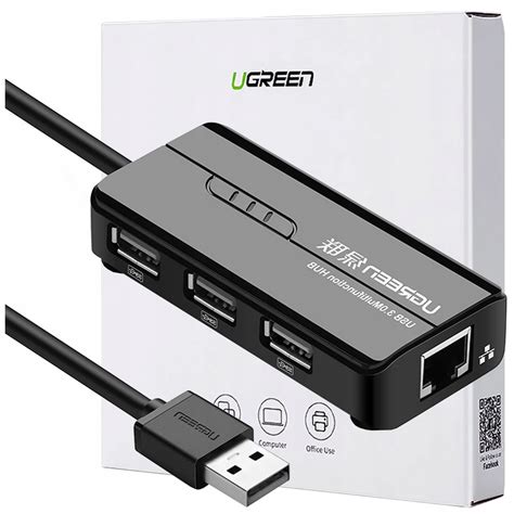 UGREEN ADAPTER SIECIOWY RJ45 USB A 10 100MBPS HUB 3X USB A 2 0 CZARNY