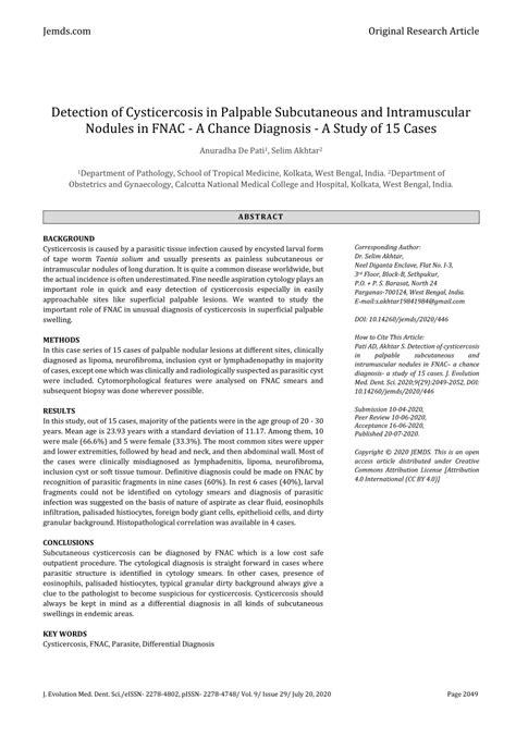 Pdf Detection Of Cysticercosis In Palpable Subcutaneous And Intramuscular Nodules In Fnac A