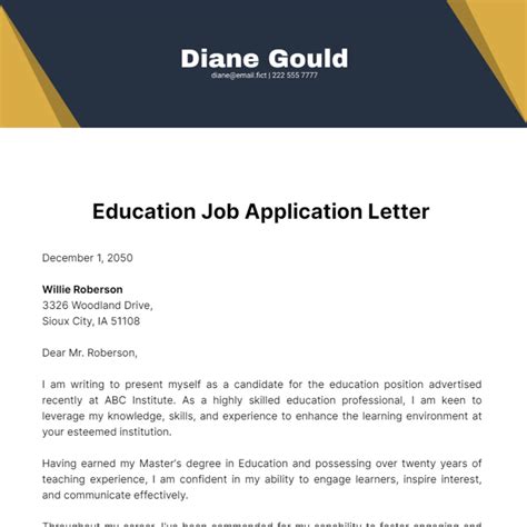Free Education Job Application Letter Template to Edit Online