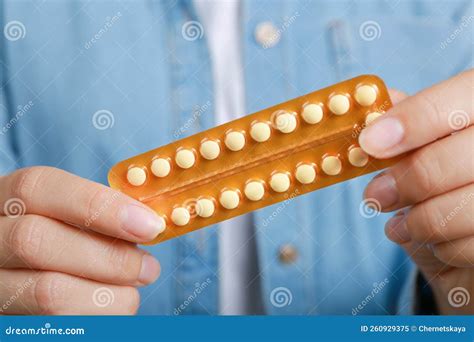 Woman Holding Blister With Birth Control Pills Closeup Stock Image