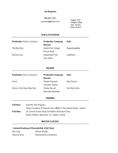 Beginner Acting Resume Template Word