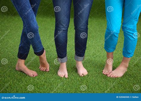 Three Women With Naked Feet Standing In Grass Stock Image Image Of Barefoot Lawn 52046945