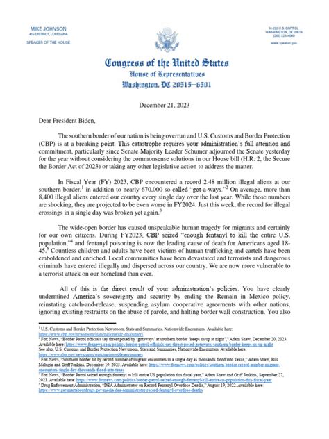 White House Letter From Speaker Johnson Download Free Pdf U S