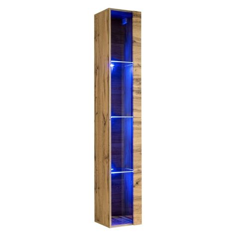 Vitrine suspendue coloris chêne Wotan avec 1 porte vitrée et éclairage