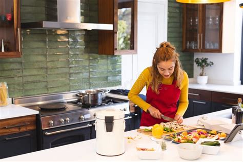 Happy Biracial Lesbian Woman Chopping Vegetables In Kitchen Copy Space Stock Photo Image Of