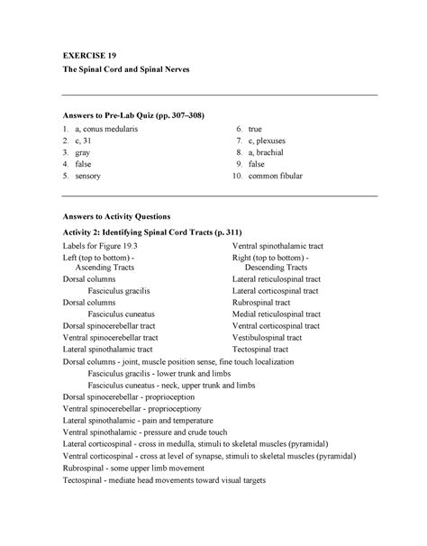 Exercise The Spinal Cord And Nerves Exercise The Spinal Cord