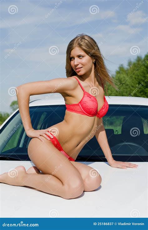 The Sexual Girl In Pink Bikini With White Car Stock Image Image Of Long Attractive 25186837
