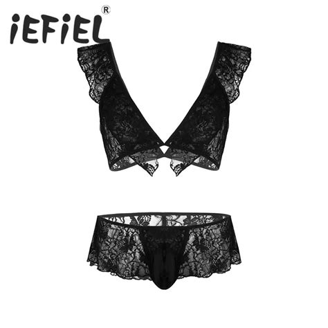 IEFiEL 2PCS Sexy Gay Men Lace Nightwear Bikini Lingerie Set Sleeveless Bra Tops With Skirted G