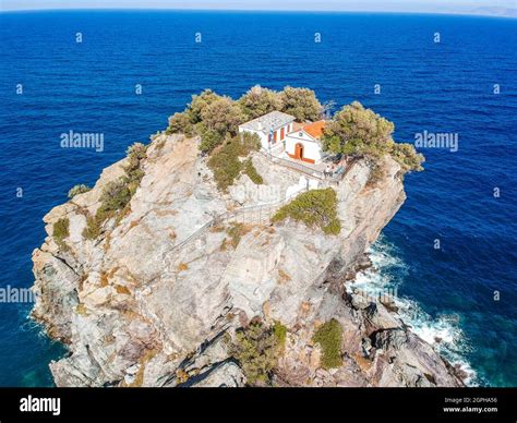 Aerial View Of The Famous Small Church Agios Ioannis In Skopelos Where