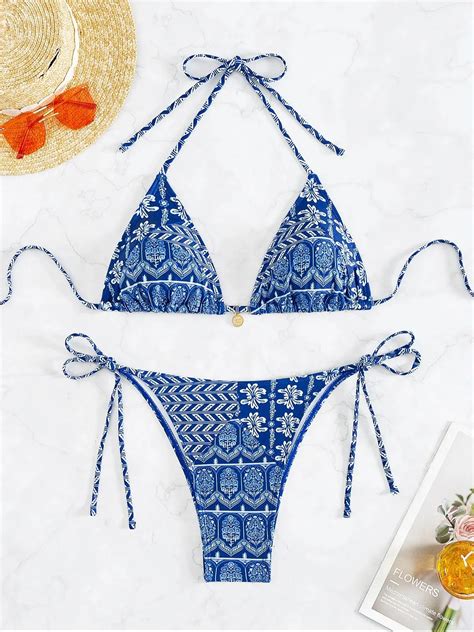 Bikini De Estilo Tnico Con Costuras Multiestampado Para Mujer Bikini