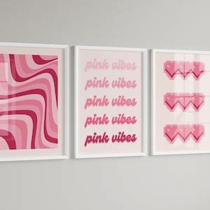 Set Of 3 Hot Pink Posters 3 Piece Wall Art Retro Y2k Minimal Preppy Aesthetic Room Decor