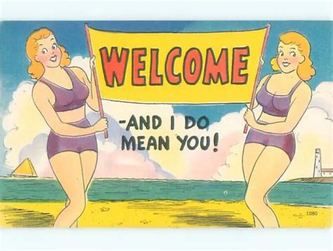 LINEN RISQUE SEXY BIKINI GIRLS WITH WELCOME SIGN Make An Offer AB PicClick CA