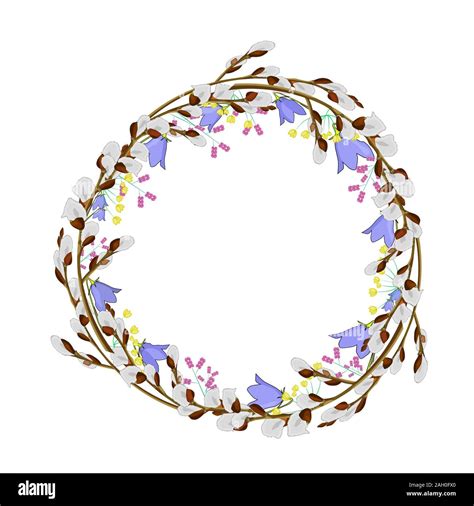 Wreath Of Pussy Willow And Flowers Isolated On White Background Easter Frame With Pussy Willow