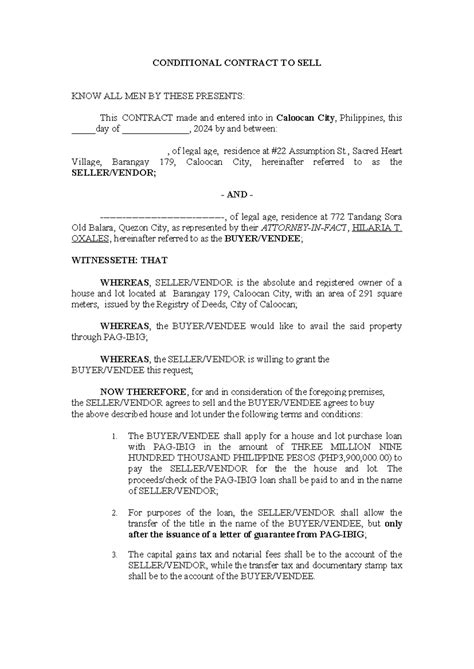 Conditional Contract To Sell Conditional Contract To Sell Know All