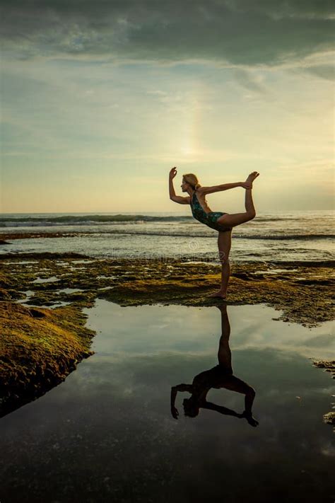 Outdoor Sunset Yoga Attractive Woman Practicing Yoga Standing In