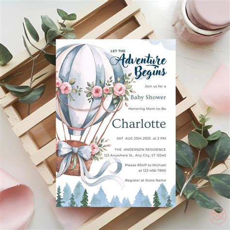Blue Hot Air Balloon Baby Shower Adventure Begins Baby Shower Boy Invitation Elegant Blue