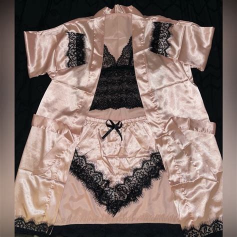 Intimates Sleepwear Womens Pc Large Pink Satin And Black Lace Lingerie Sleepwearrobe Set