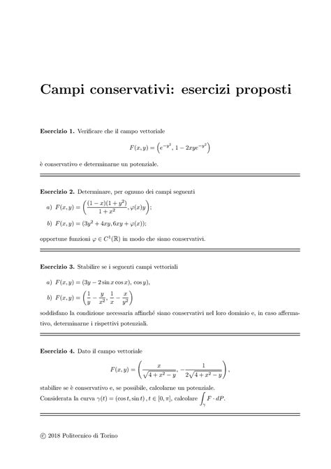 Campi Conservativi Esercizi Esercizio 1 Verificare Che Il Campo Vettoriale F X Y E−y