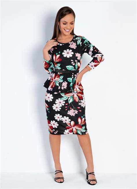 Vestido Babado Floral Preta Moda Evang Lica Queima De Estoque