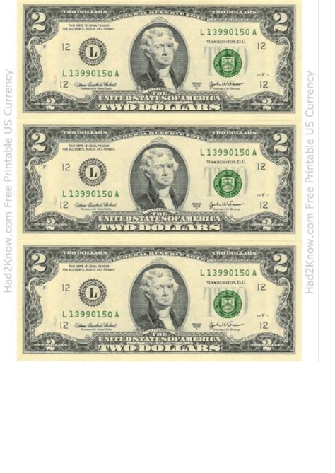 Two Dollar Bill Template - Front printable pdf download