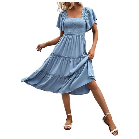 Riforla Womens Summer Casual Flutter Sleeve Square Neck Smocked Dress