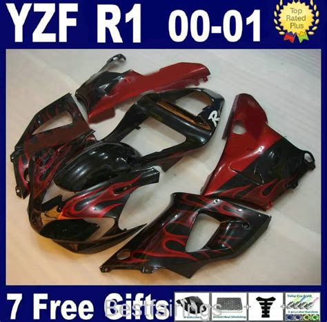 Free Custom Fairing Kit For Yamaha R1 2000 2001 Red Flames In Black