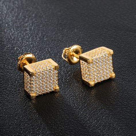 Mens Hip Hop Stud Earrings Jewelry New Fashion Yellow Gold Plated