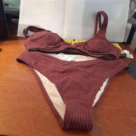 New Two Pieces Cupshe Bikini Set Push Up Bra Brown Strips Size L Ebay