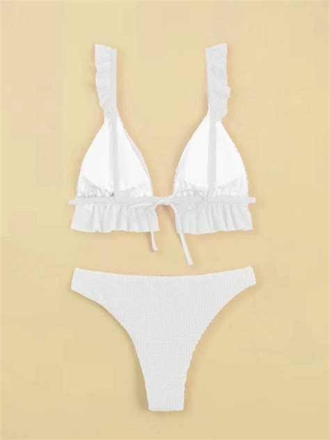 SHEIN Swim Mod Textured Bikini Set Ruffle Trim Triangle Bra High Cut