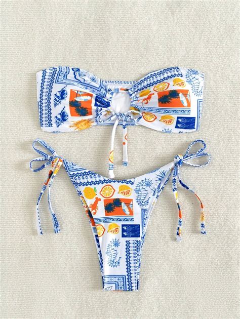 SHEIN Swim Vcay Conjunto de Maiô Bikini Bandeau Feminino Estampado Frutas de Verão para