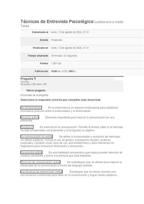 Técnicas de Entrevista Psicológica Cuestionario a modo Tarea Técnicas