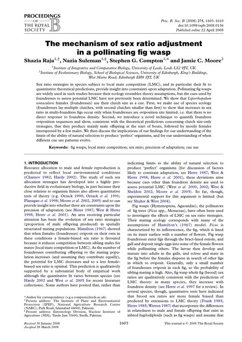 PDF The Mechanism Of Sex Ratio Adjustment In A Pollinating Fig Wasp