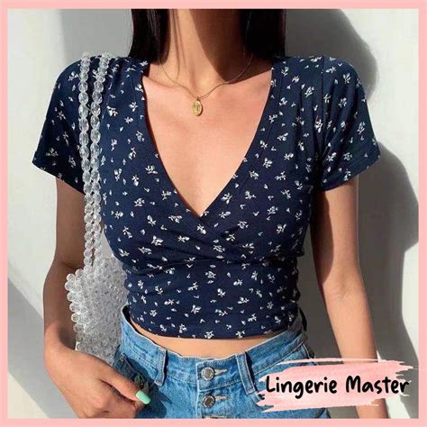 Jual LINGERIE MASTER T 2 Korean Sexy Crop Top Atasan V Neck Lengan Pendek Shopee Indonesia