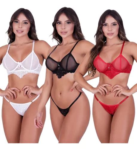 Kit 3 Conjunto Lingerie Sensual Tule Transparente Aro Parcelamento Sem Juros