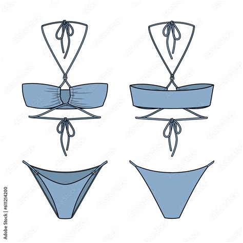 Cinch Bikini Technical Fashion Flat Swimsuit Vector Illustration Front And Back View Editable