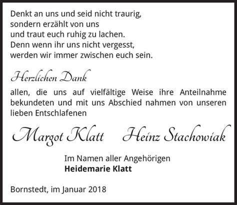 Traueranzeigen Von Margot Klatt Und Heinz Stachowiak Abschied