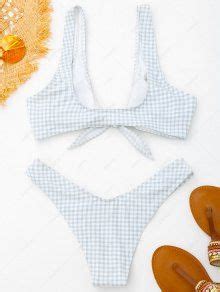 Front Tie Thong Plaid Bikini Set In GREY AND WHITE ZAFUL 2025
