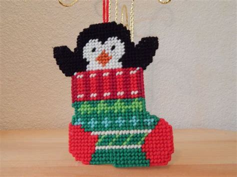 Hand Stitched Plastic Canvas Large Penguin In A Stocking Ornament Stocking Ornament Plastic