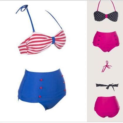 Women S Retro Vintage Swimsuits Swimwear Bandeau High Waisted Bikini Set On Luulla